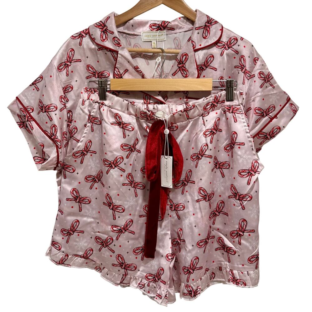 Simply Southern Candycane Bow Christmas Pajama Set Pink Satin XL Holiday PJs NWT